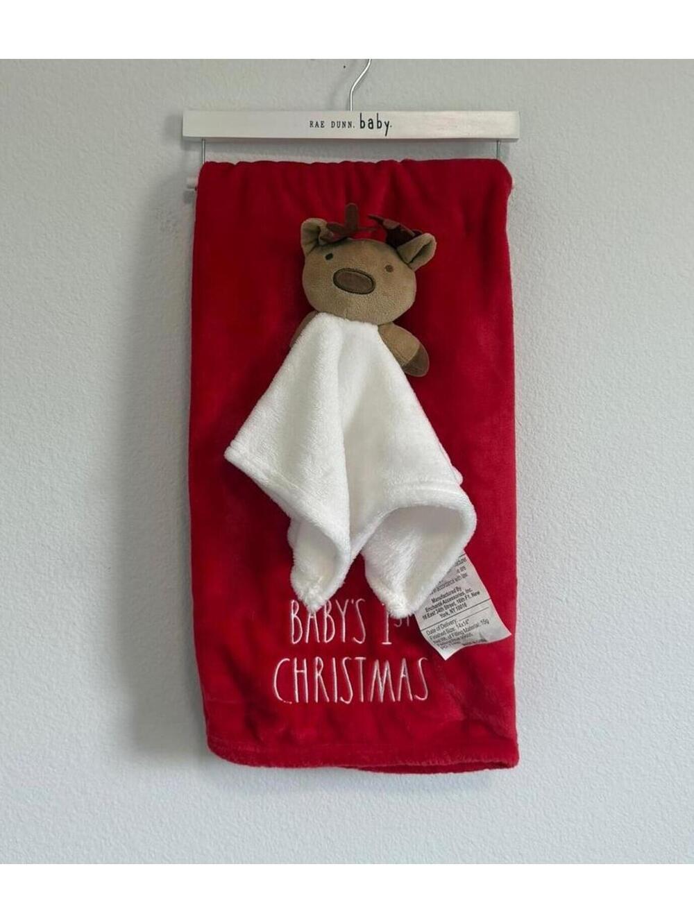 Rae Dunn NWOT "Baby's 1st Christmas" Red Blanket and Reindeer Toy 40"x28"